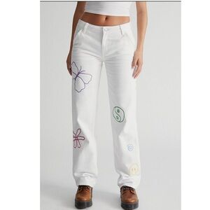 NWT Pacsun white Carpenter Jean embroidered Sun yin yang mushroom butterfly